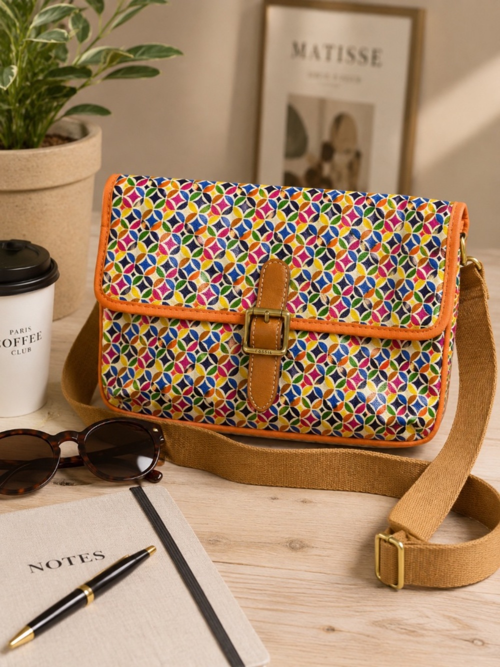 Fossil Keyper Y2K Geometric Print Crossbody Bag Colorful Leather Trim